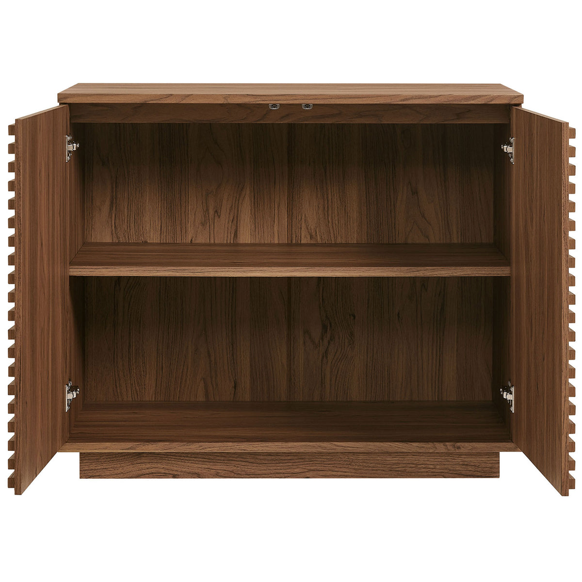 Walnut fluted cabinet with both doors open revealing spacious storage and an adjustable interior shelf || EEI-7476-WAL || front_open_studio