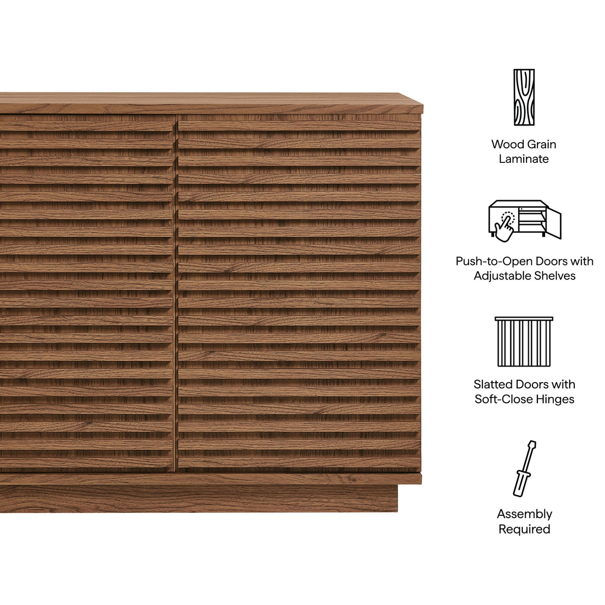 Render walnut accent cabinet with icons highlighting wood grain laminate, push-to-open doors, and soft-close hinges || EEI-7476-WAL || callout_studio