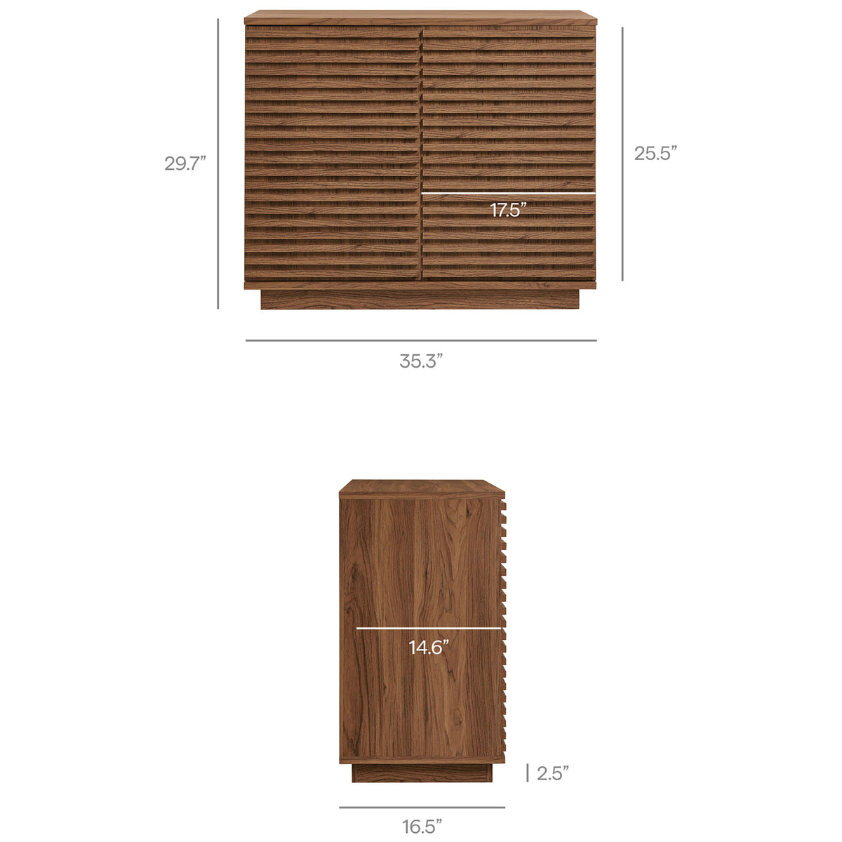 Dimensions diagram for the Render walnut fluted accent cabinet showing overall height, width, and depth || EEI-7476-WAL || dimension_studio