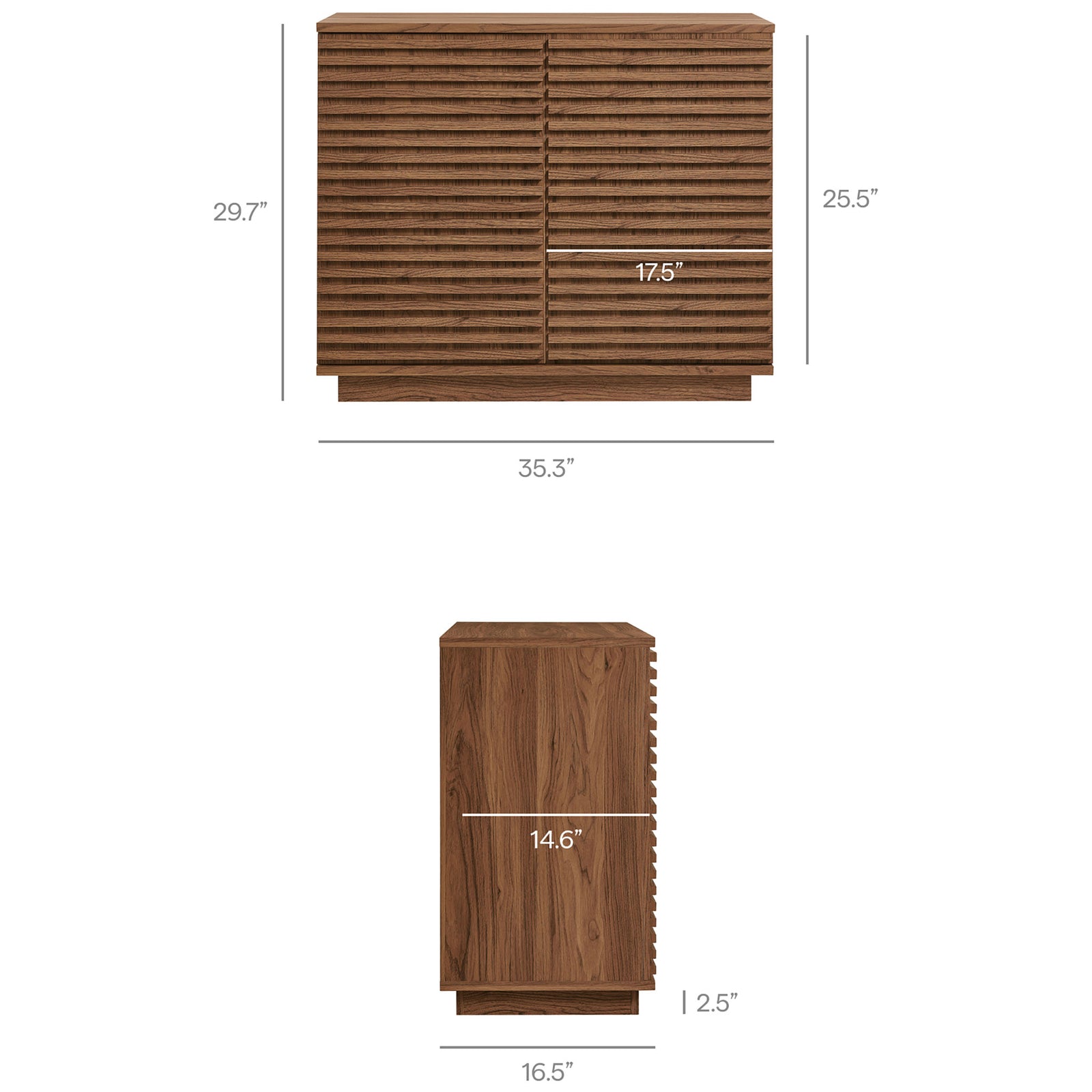 Dimensions diagram for the Render walnut fluted accent cabinet showing overall height, width, and depth || EEI-7476-WAL || dimension_studio