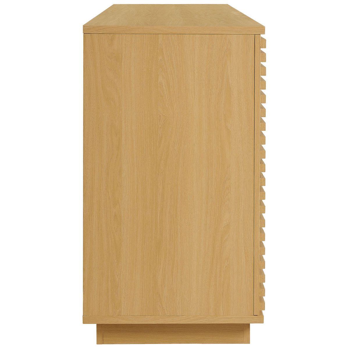 Streamlined oak cabinet profile showcasing the smooth wood grain laminate and sturdy plinth base || EEI-7477-OAK || side_studio