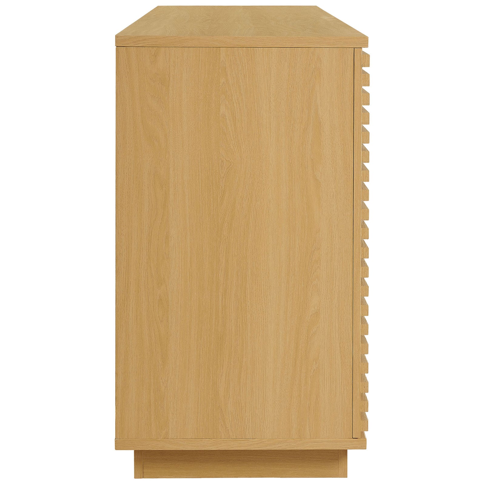 Streamlined oak cabinet profile showcasing the smooth wood grain laminate and sturdy plinth base || EEI-7477-OAK || side_studio