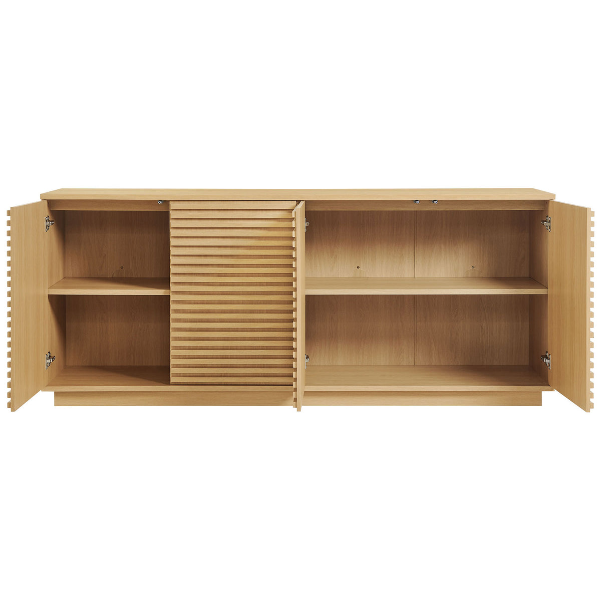 Spacious interior shelving behind fluted doors keeps electronics, dishes, and clutter neatly concealed || EEI-7477-OAK || front_open_studio