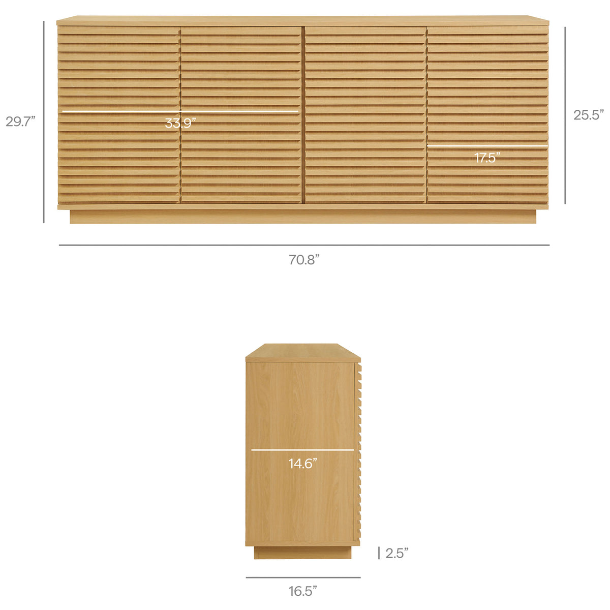 Dimension diagram showing the Render fluted sideboard's overall width, height, depth, and door measurements || EEI-7477-OAK || dimension_studio