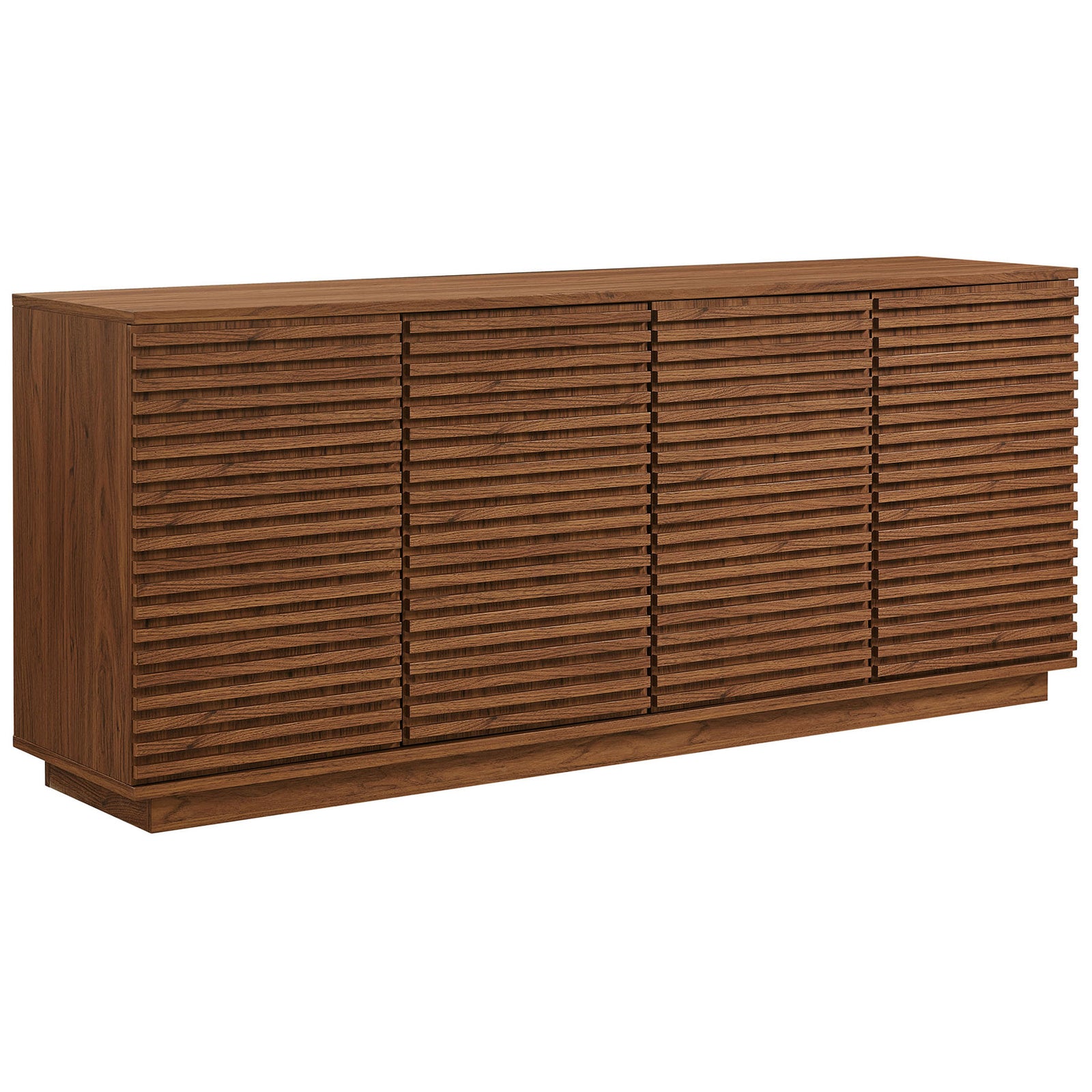 Mid-century inspired walnut sideboard with horizontal fluted doors and a clean, streamlined silhouette || EEI-7477-WAL || front_angle_studio