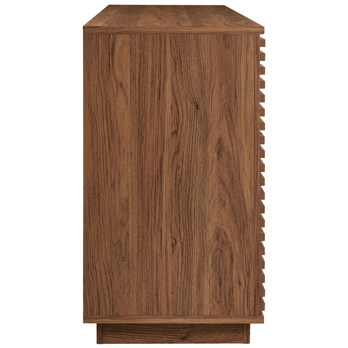 Smooth walnut wood grain side profile of the fluted sideboard showcasing its rich laminate finish || EEI-7477-WAL || side_studio