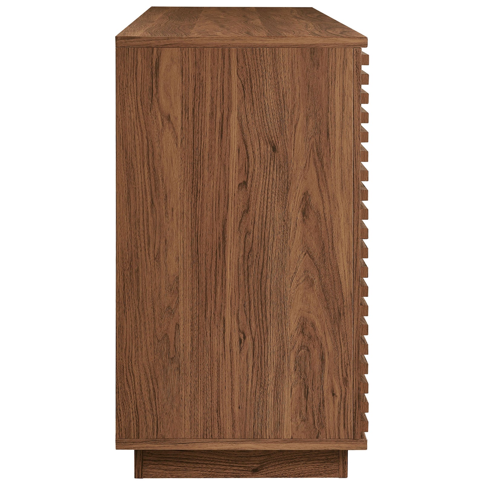 Smooth walnut wood grain side profile of the fluted sideboard showcasing its rich laminate finish || EEI-7477-WAL || side_studio