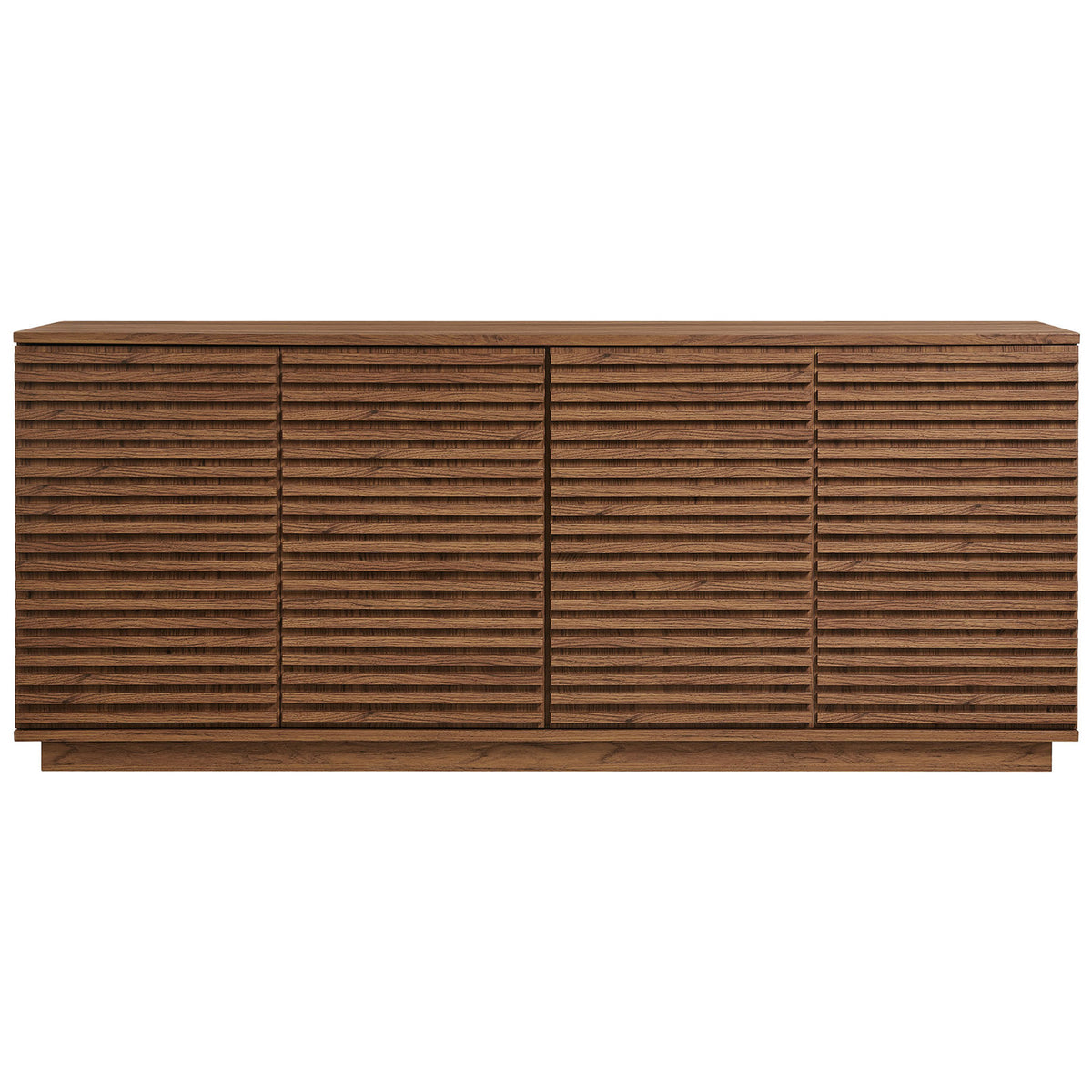 Walnut fluted 4-door sideboard with sleek plinth base and hidden storage for media or dining essentials || EEI-7477-WAL || front_studio