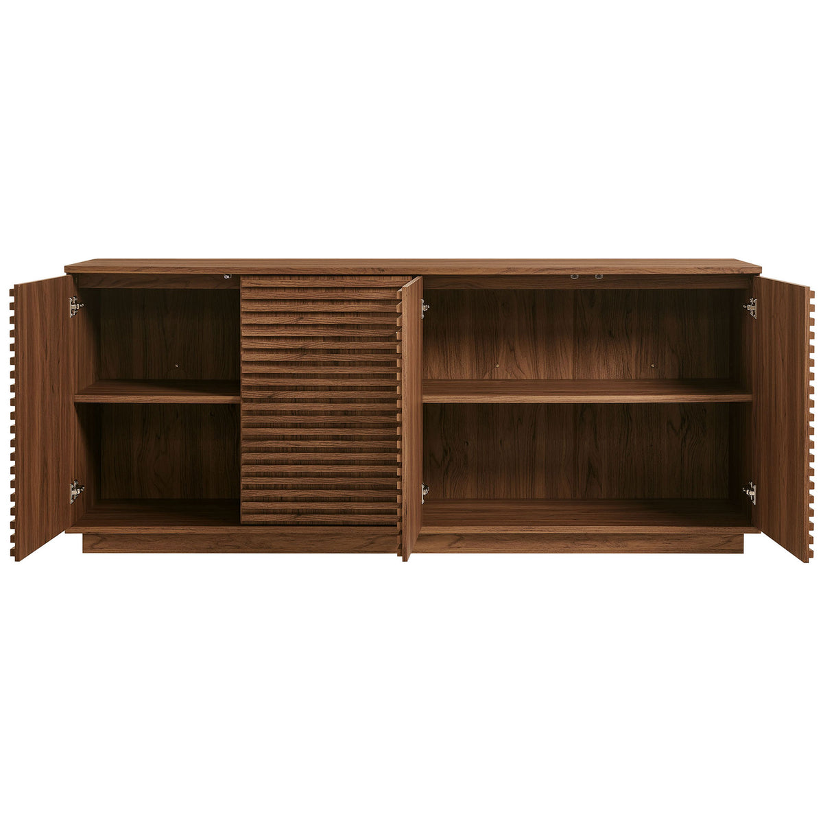 Spacious walnut sideboard with fluted doors opened to reveal adjustable shelving for dinnerware and electronics || EEI-7477-WAL || front_open_studio