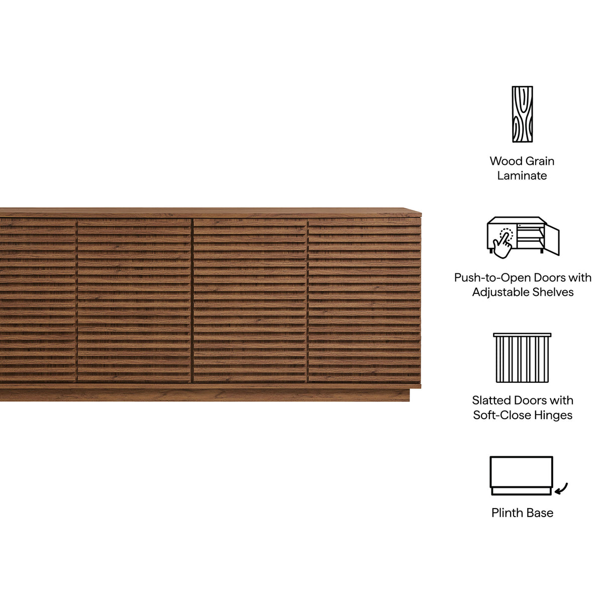 Key features of the walnut fluted sideboard including wood grain laminate, push-to-open doors, and soft-close hinges || EEI-7477-WAL || callout_studio