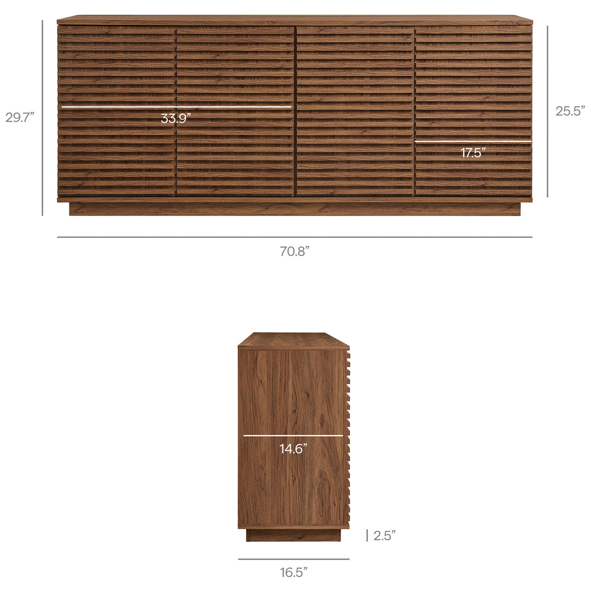 Dimension view of the walnut fluted sideboard showing overall width, height, depth, and interior shelf measurements || EEI-7477-WAL || dimension_studio