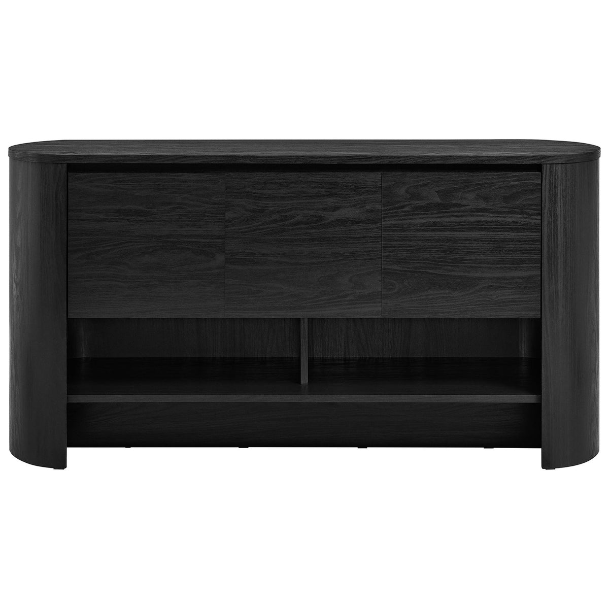 Black Duval sideboard with three flush front doors and two open cubbies for storage and display || EEI-7478-BLK || front_studio