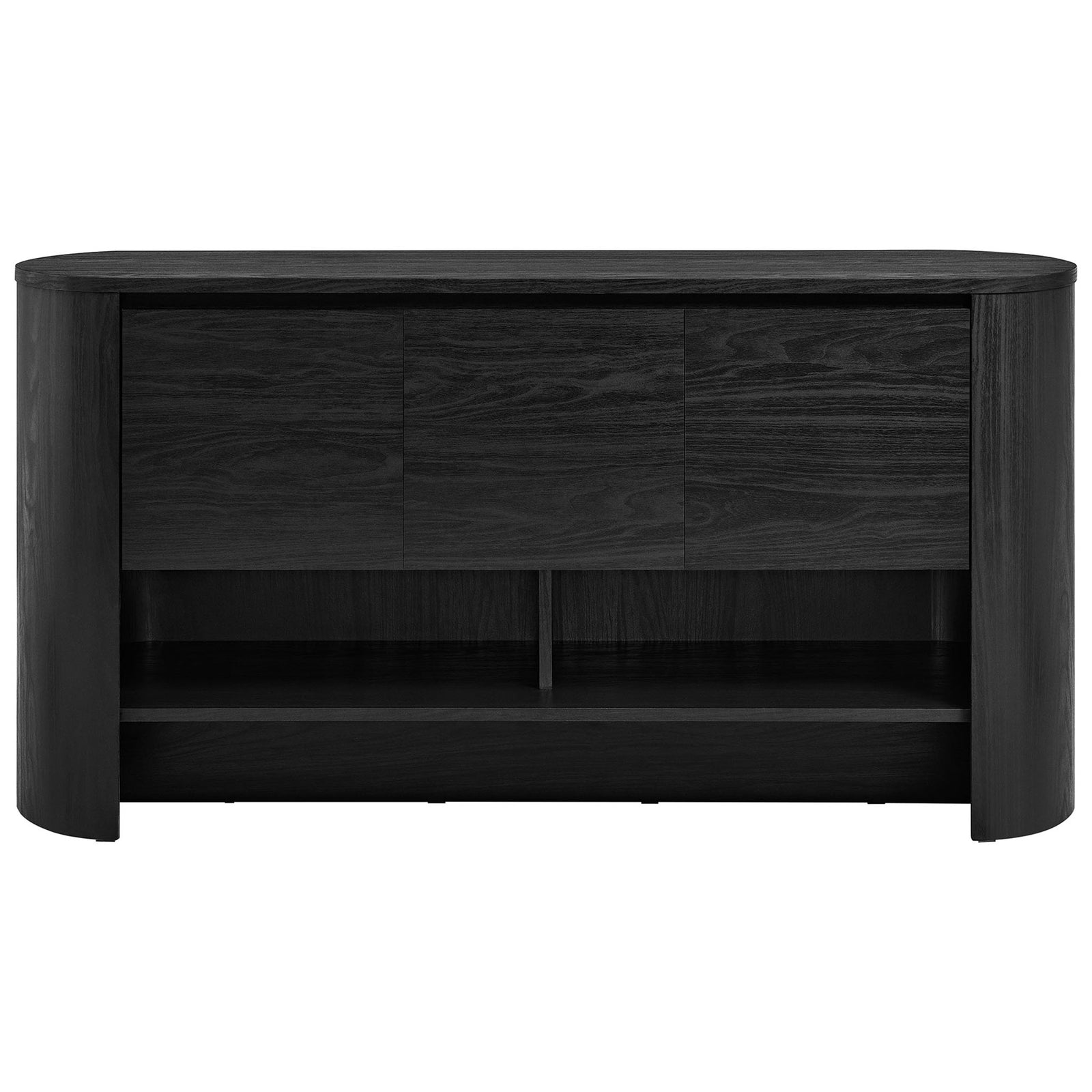 Black Duval sideboard with three flush front doors and two open cubbies for storage and display || EEI-7478-BLK || front_studio
