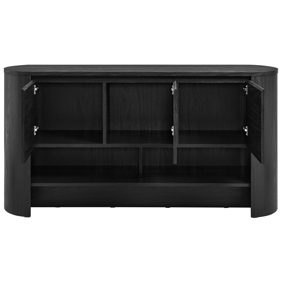 Interior of the Duval sideboard with three cupboards and open shelves for organizing dinnerware and linens || EEI-7478-BLK || front_open_studio