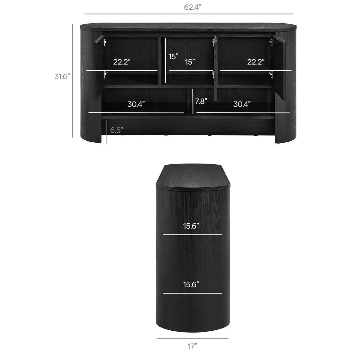 Dimensional diagram of the Duval sideboard showing overall width, height, depth, and interior storage measurements || EEI-7478-BLK || dimension_studio