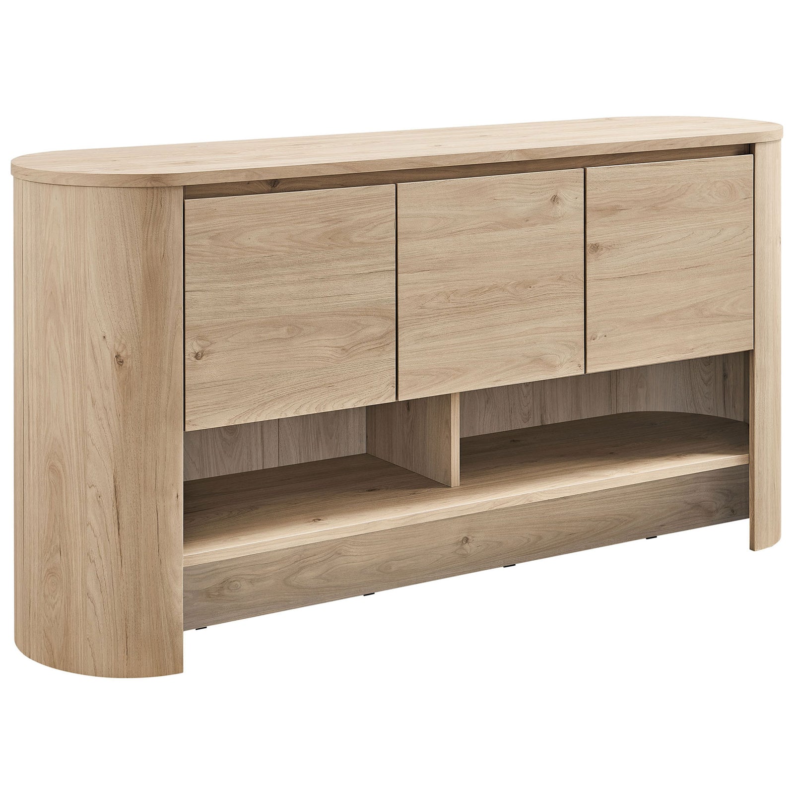 Light oak oval sideboard with three smooth doors and open shelf for modern living room storage || EEI-7478-LOA || front_angle_studio