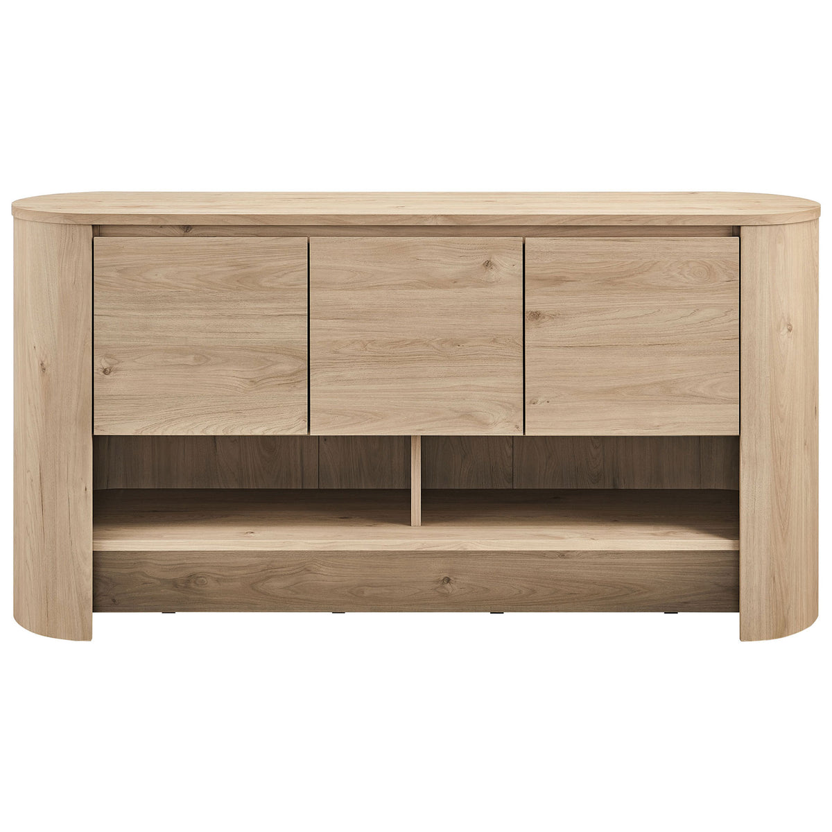 Spacious three-door sideboard with concealed storage and open lower cubbies in a warm light oak finish || EEI-7478-LOA || front_studio