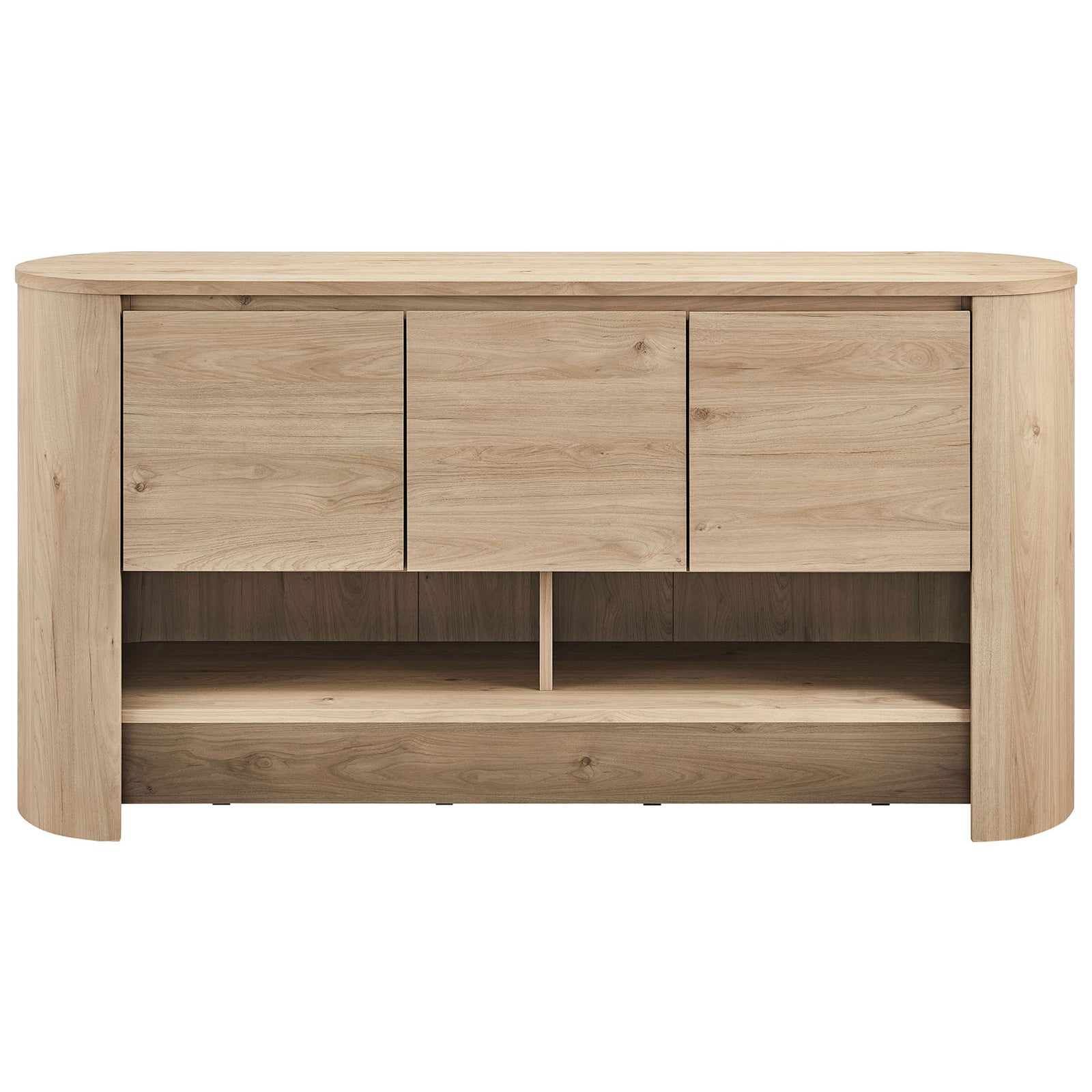 Spacious three-door sideboard with concealed storage and open lower cubbies in a warm light oak finish || EEI-7478-LOA || front_studio