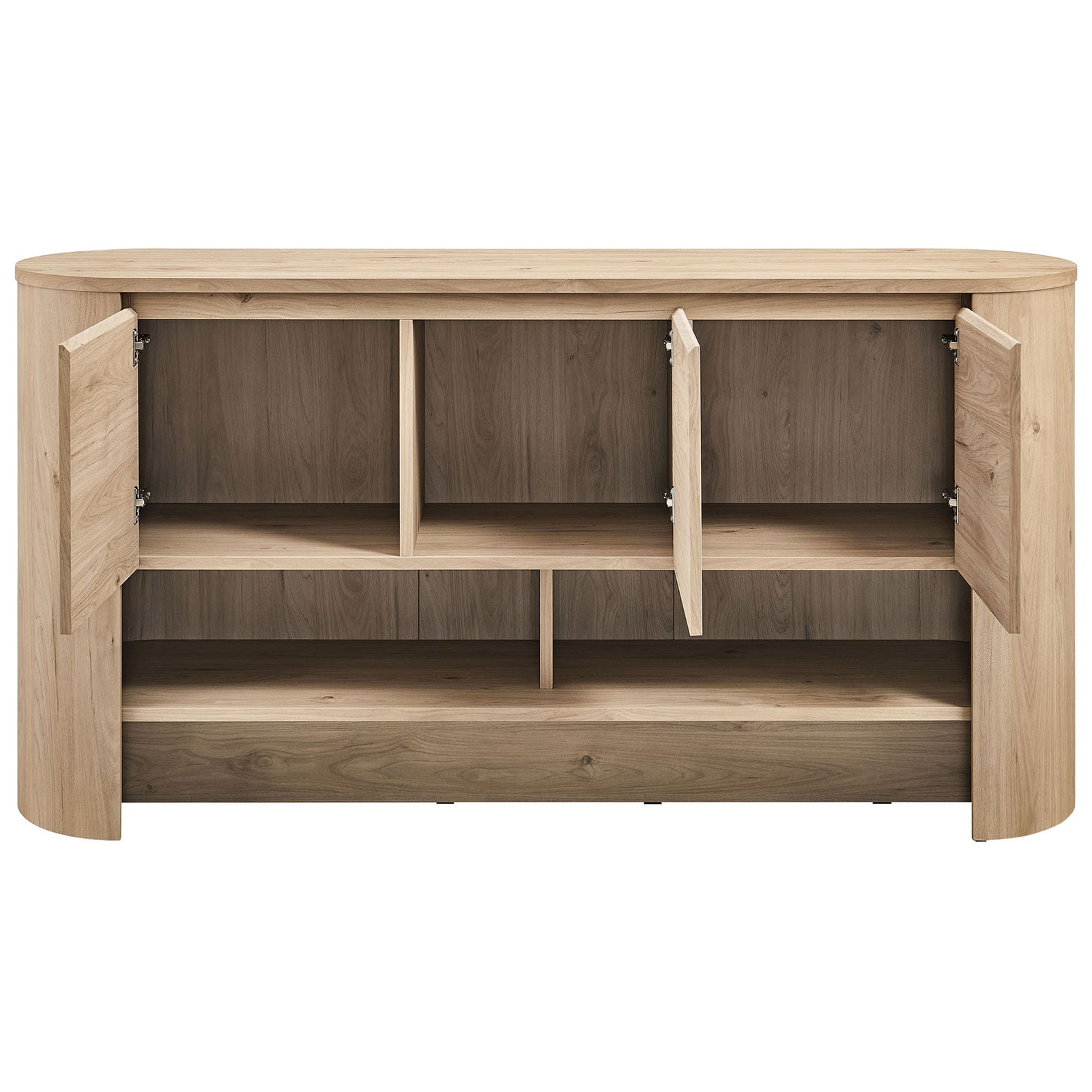 Three cabinet doors open to reveal adjustable shelves and generous storage for dinnerware || EEI-7478-LOA || front_open_studio