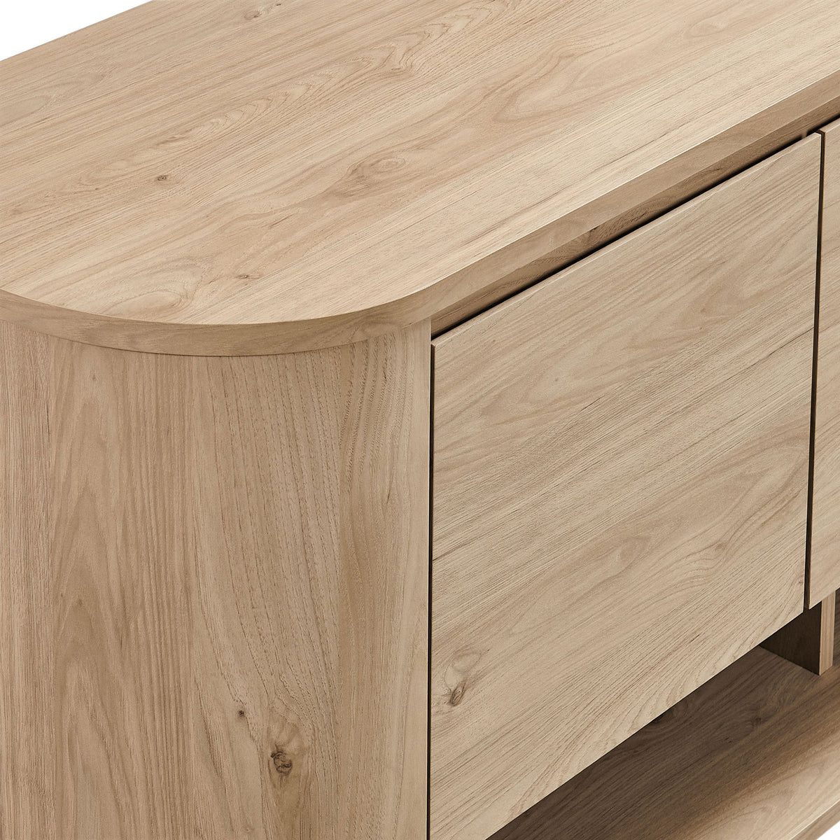 Curved corner and softly rounded top highlight the natural wood grain of this light oak cabinet || EEI-7478-LOA || detail_studio