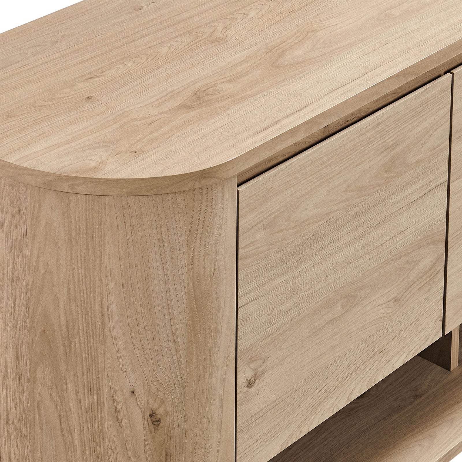 Curved corner and softly rounded top highlight the natural wood grain of this light oak cabinet || EEI-7478-LOA || detail_studio