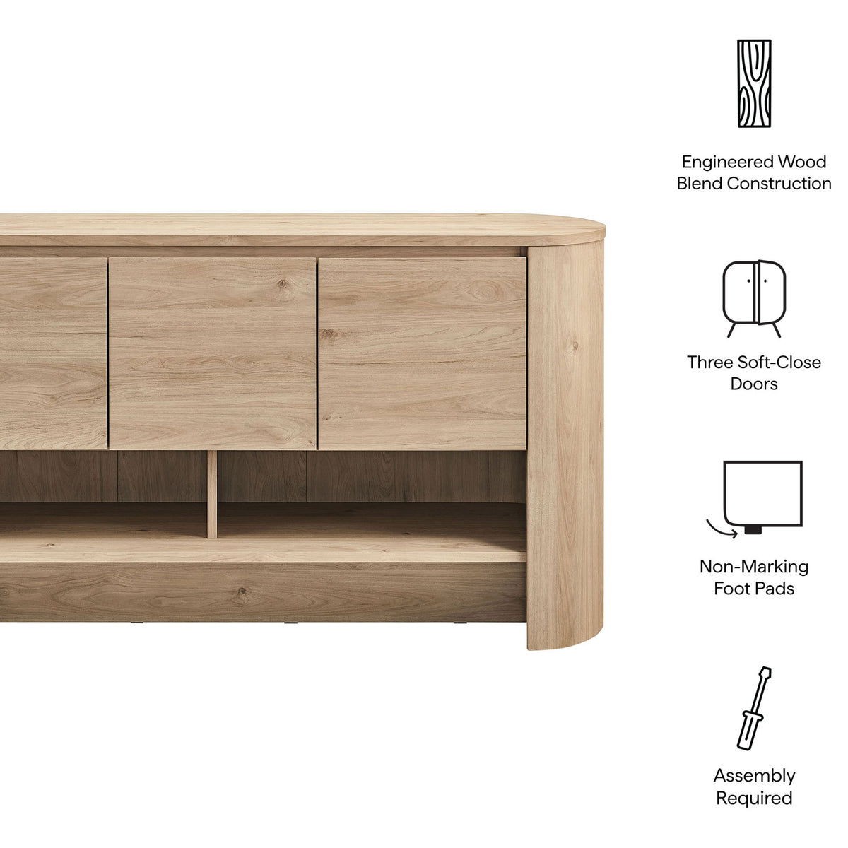 Feature graphic highlighting engineered wood, soft-close doors, and non-marking foot pads || EEI-7478-LOA || callout_studio