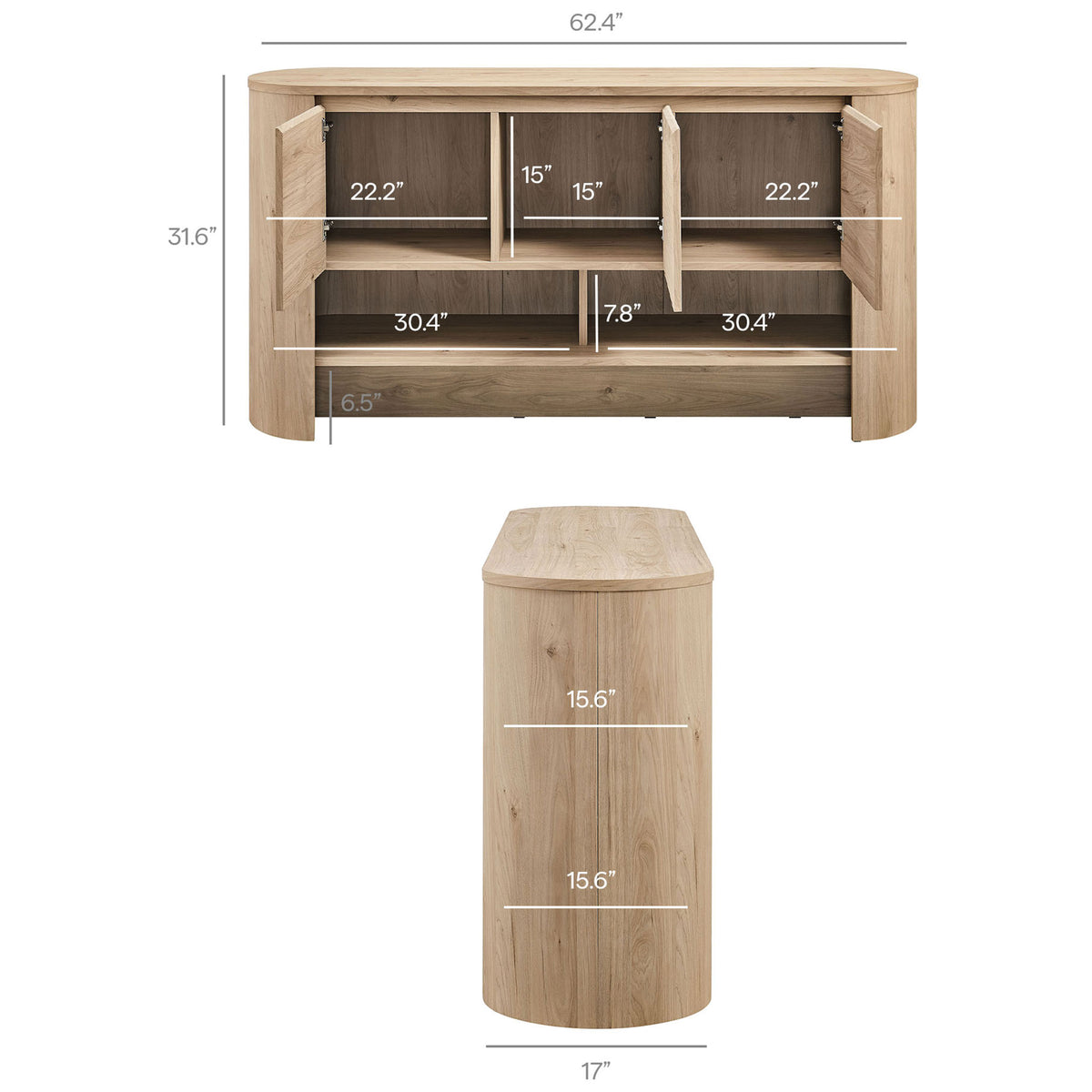 Dimension graphic detailing the sideboard width, height, depth, and interior clearances || EEI-7478-LOA || dimension_studio