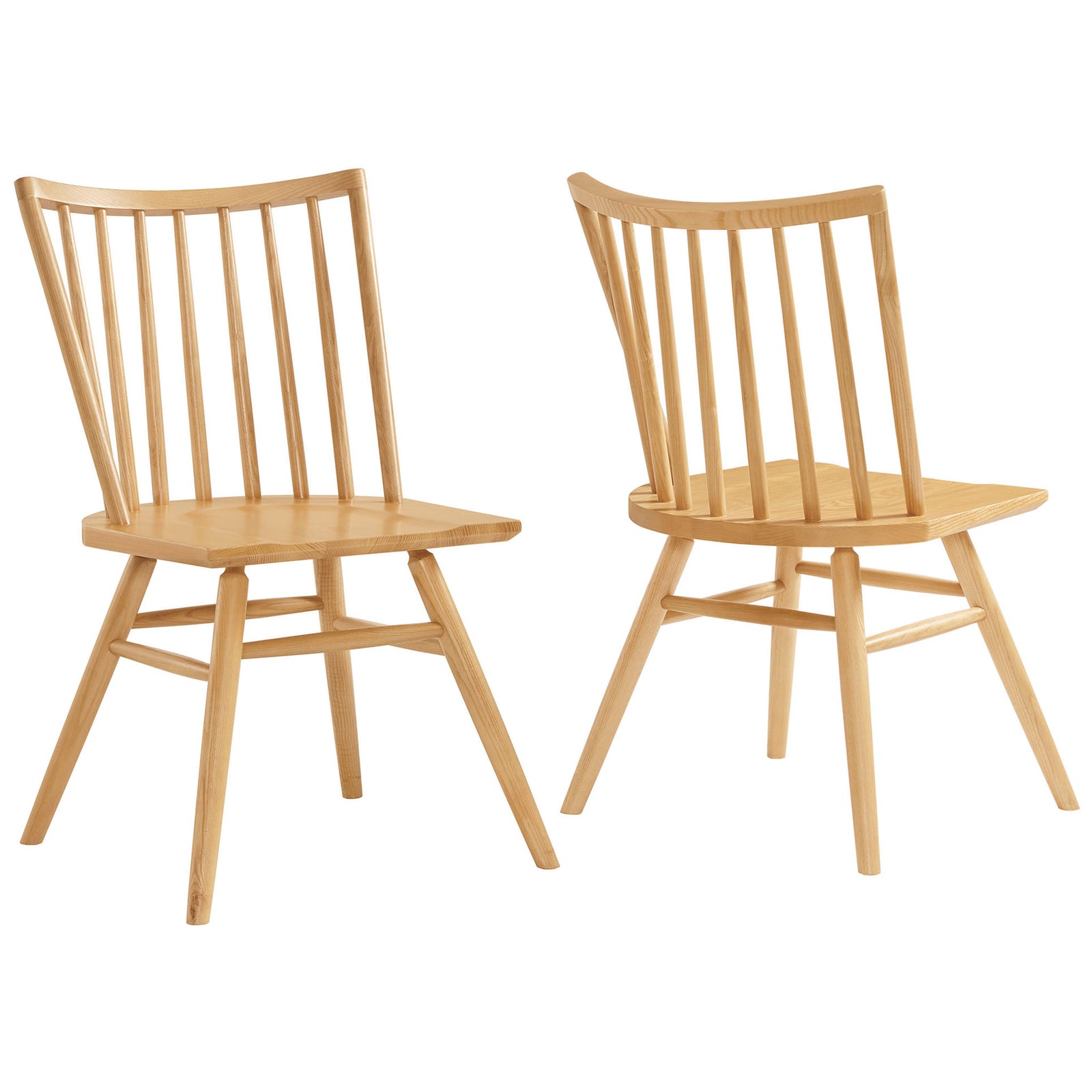 Pair of ash wood spindle back dining chairs with contoured seats and tapered legs for timeless everyday style. || EEI-7482-ASH || front_angle_multi_studio