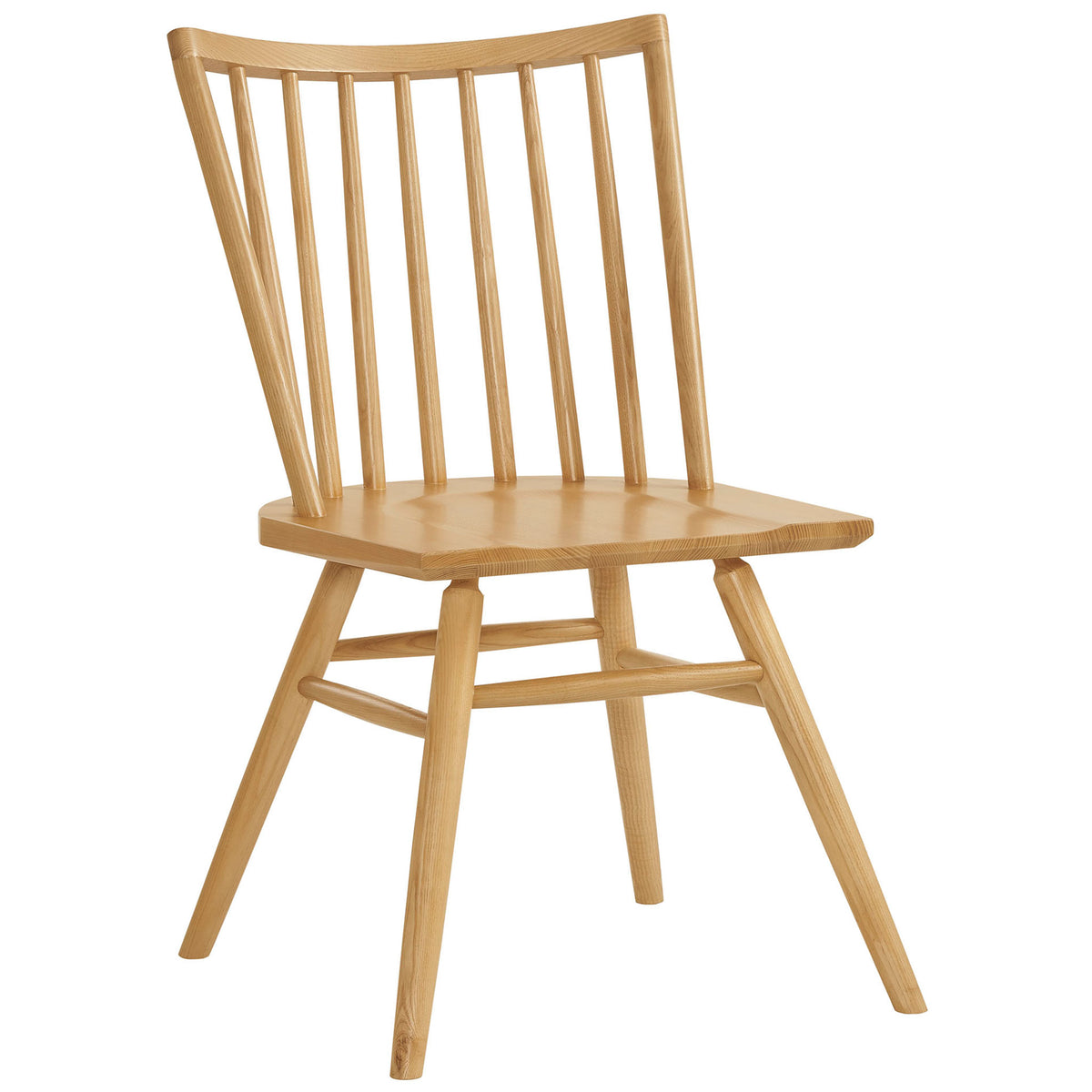 Ash wood spindle back dining chair with sculpted seat and splayed legs for modern farmhouse charm. || EEI-7482-ASH || front_angle_studio