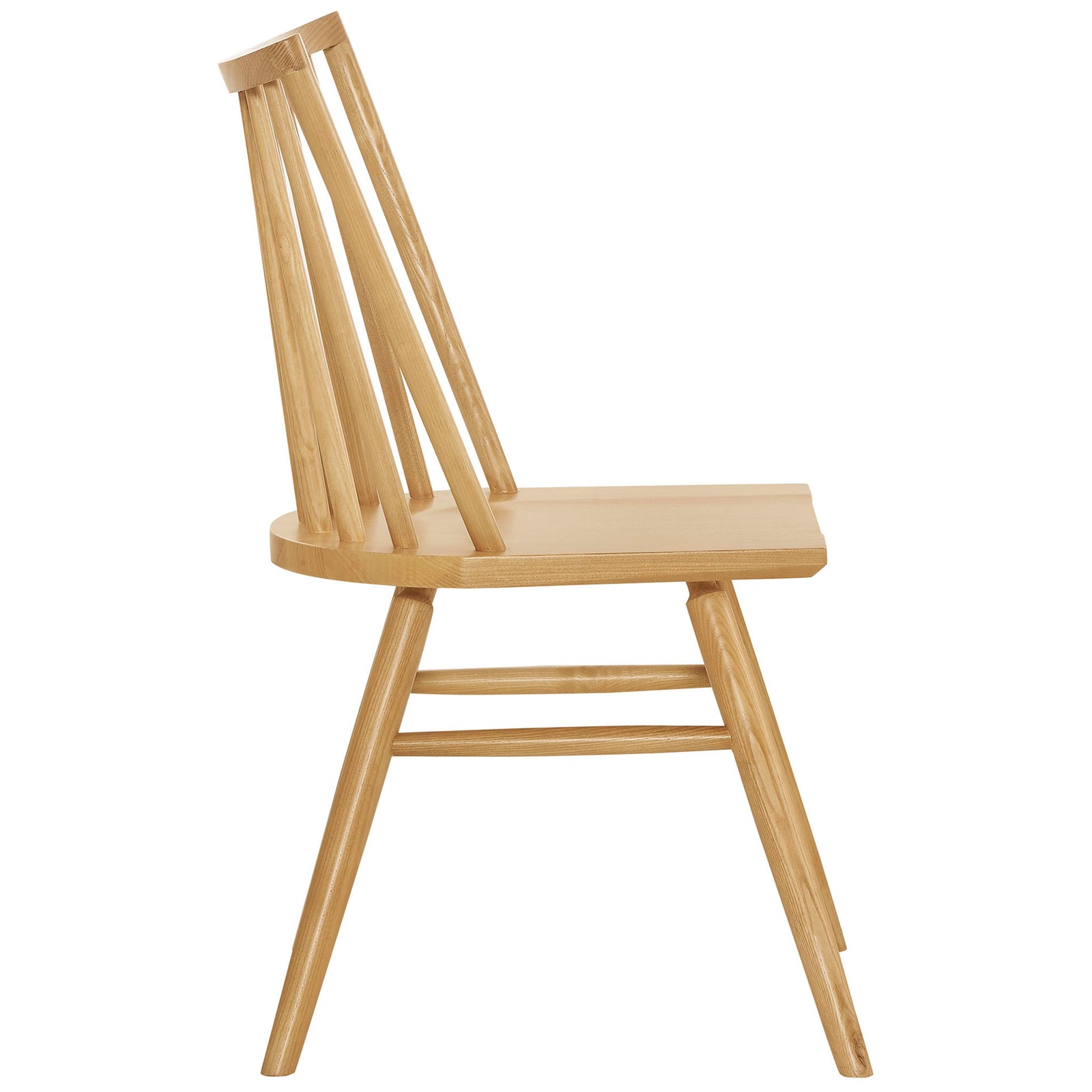 Slim profile ash wood dining chair highlighting angled spindles and supportive mid-height backrest. || EEI-7482-ASH || side_studio