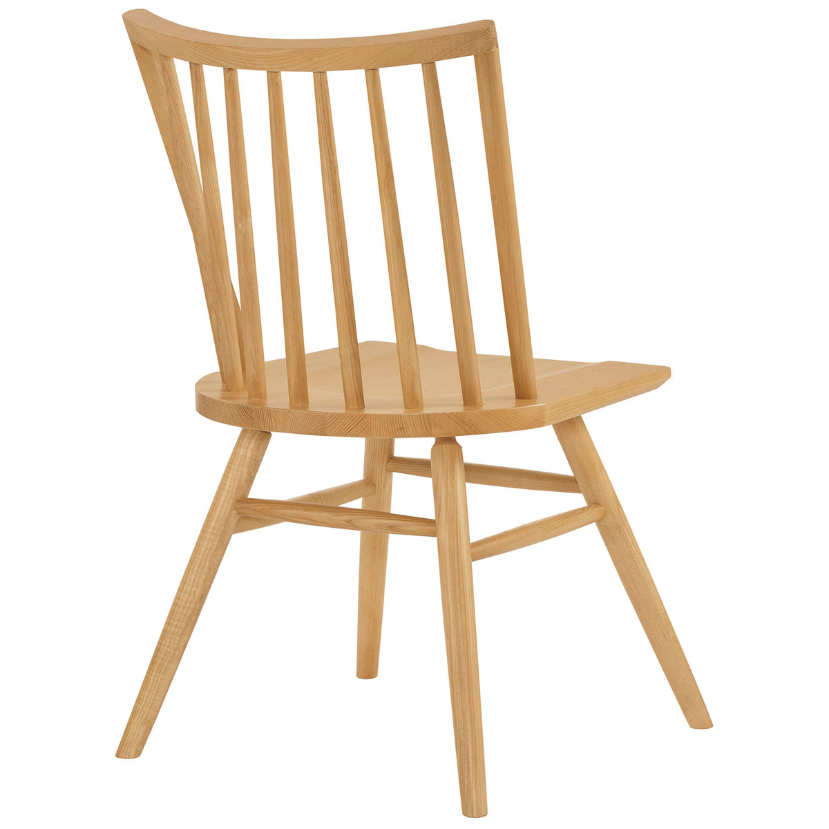 Ash wood dining chair showcasing gracefully curved spindle back and sturdy stretchers for added stability. || EEI-7482-ASH || back_angle_studio
