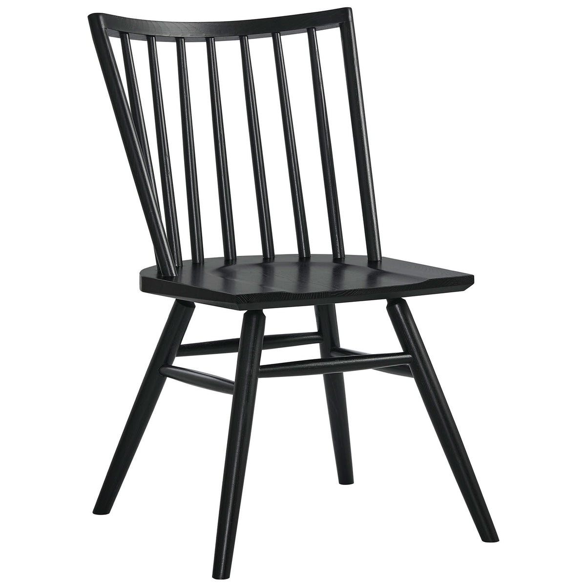Black ash wood dining chair with slender spindle back, sculpted seat, and sturdy braced legs. || EEI-7482-BLK || front_angle_studio