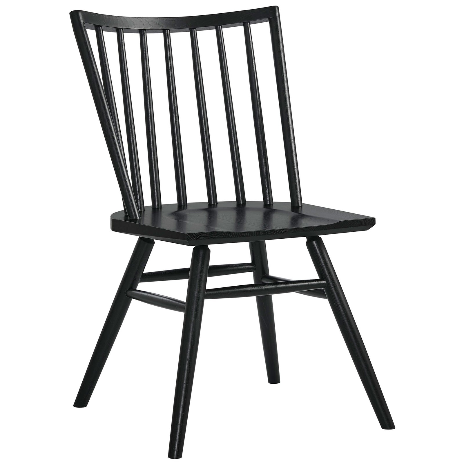 Black ash wood dining chair with slender spindle back, sculpted seat, and sturdy braced legs. || EEI-7482-BLK || front_angle_studio