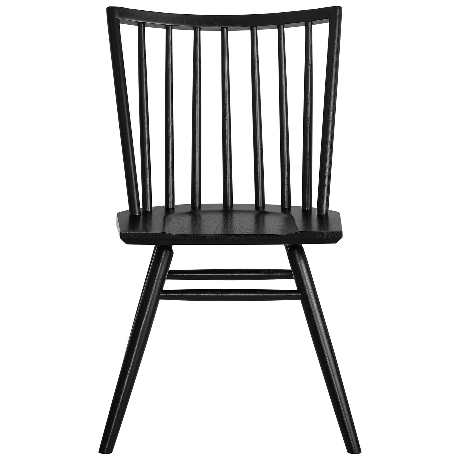 Black ash wood spindle back dining chair with gently arched backrest and minimalist profile. || EEI-7482-BLK || front_studio