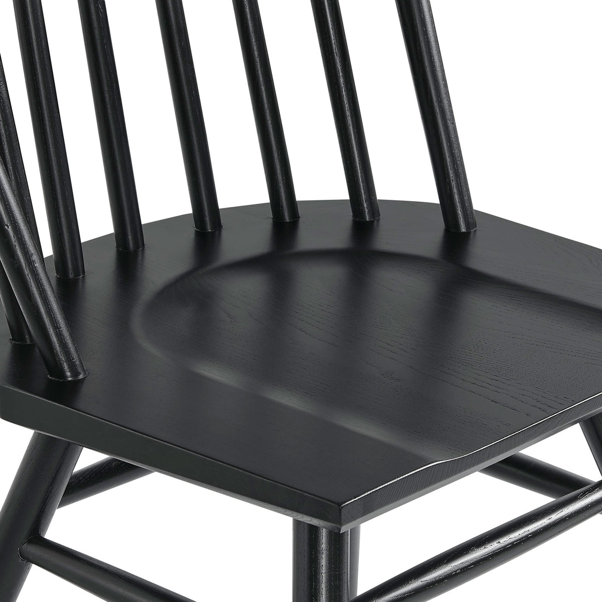 Black ash wood dining chair seat with deep contouring, rounded edges, and subtle wood grain texture. || EEI-7482-BLK || detail_studio