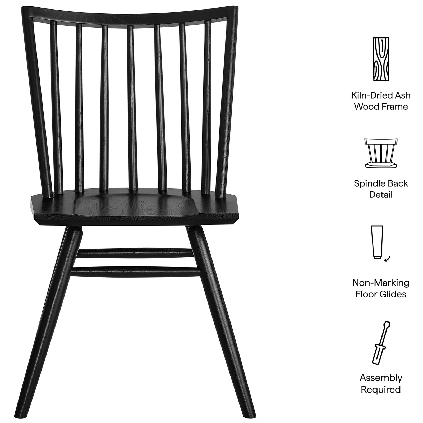 Black spindle back dining chair with kiln-dried ash wood frame and icons highlighting key features. || EEI-7482-BLK || callout_studio
