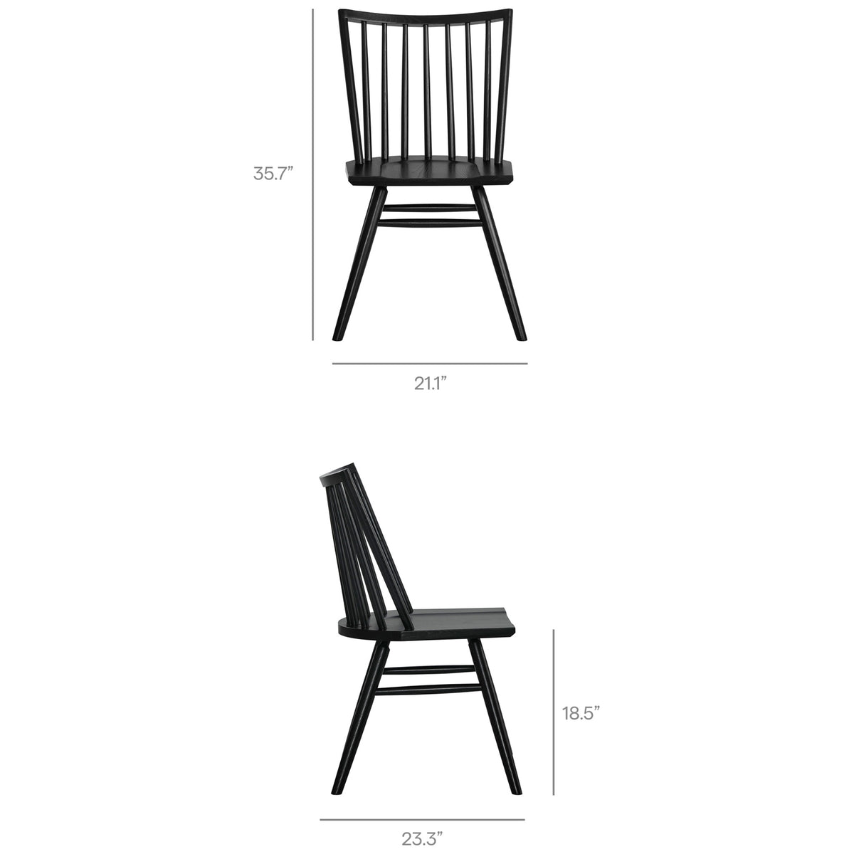 Black spindle back dining chair with height, width, and seat measurements shown for easy sizing. || EEI-7482-BLK || dimension_studio