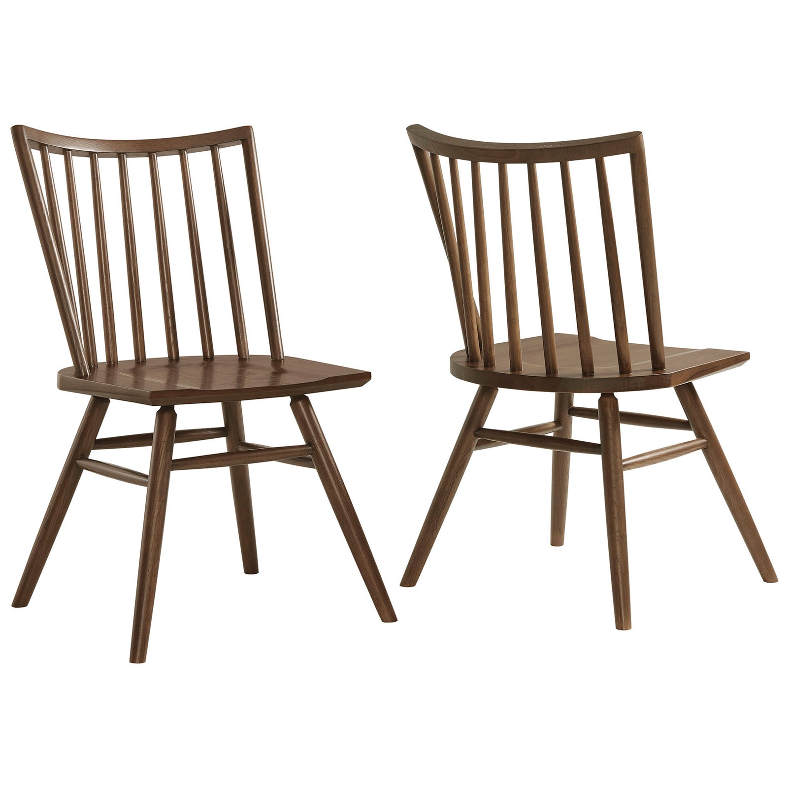 Set of two walnut spindle back dining chairs with gently contoured wood seats and splayed legs || EEI-7482-WAL || front_angle_multi_studio