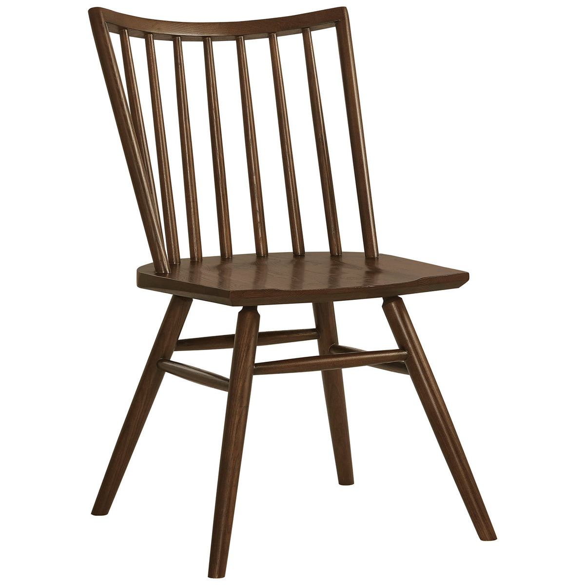 Angled front view of walnut spindle back dining chair with tapered round legs and contoured seat || EEI-7482-WAL || front_angle_partial_studio