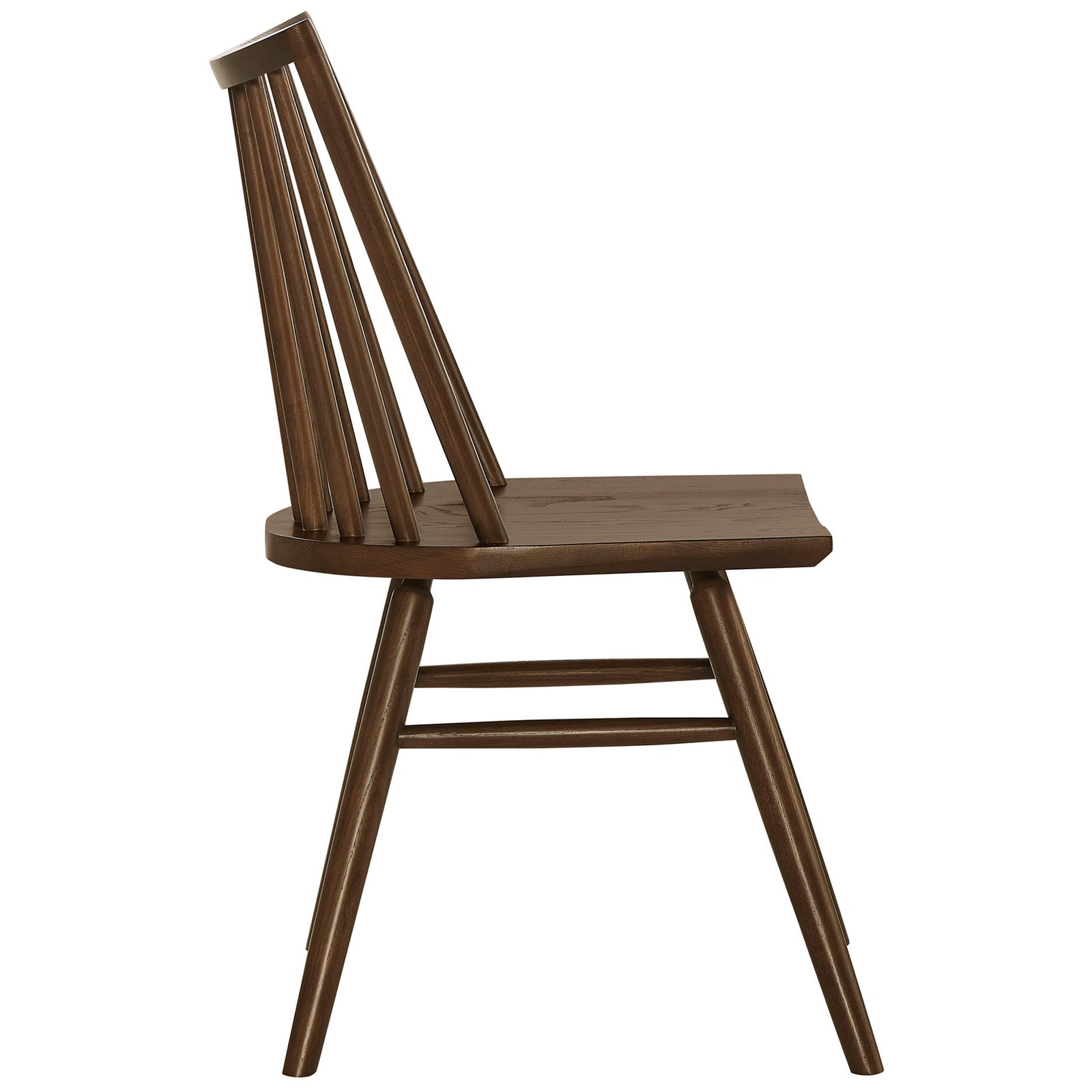 Side profile of walnut spindle back dining chair highlighting splayed legs and floating seat design || EEI-7482-WAL || side_partial_studio