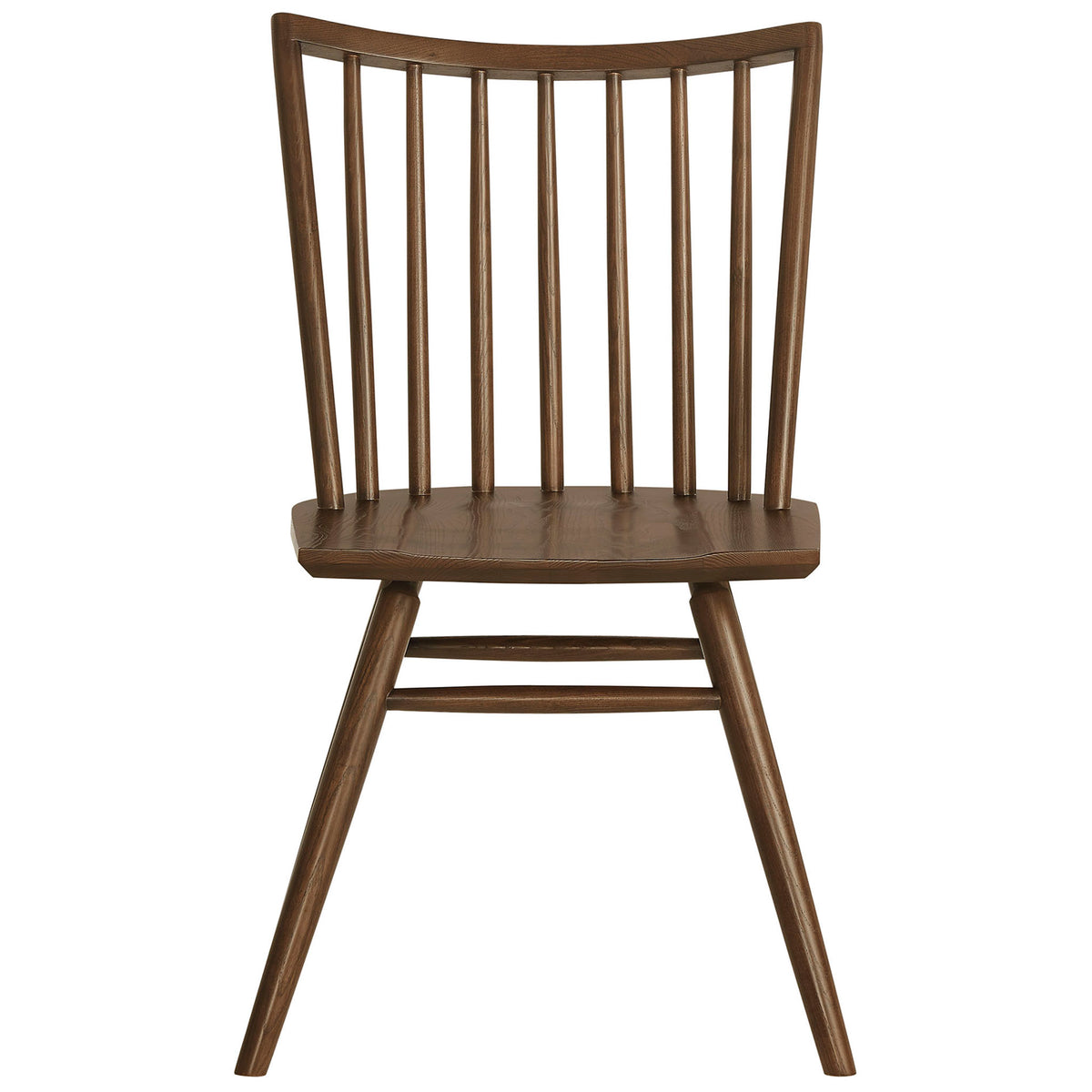 Front view of walnut spindle back dining chair with slim vertical spindles and sculpted seat || EEI-7482-WAL || front_partial_studio