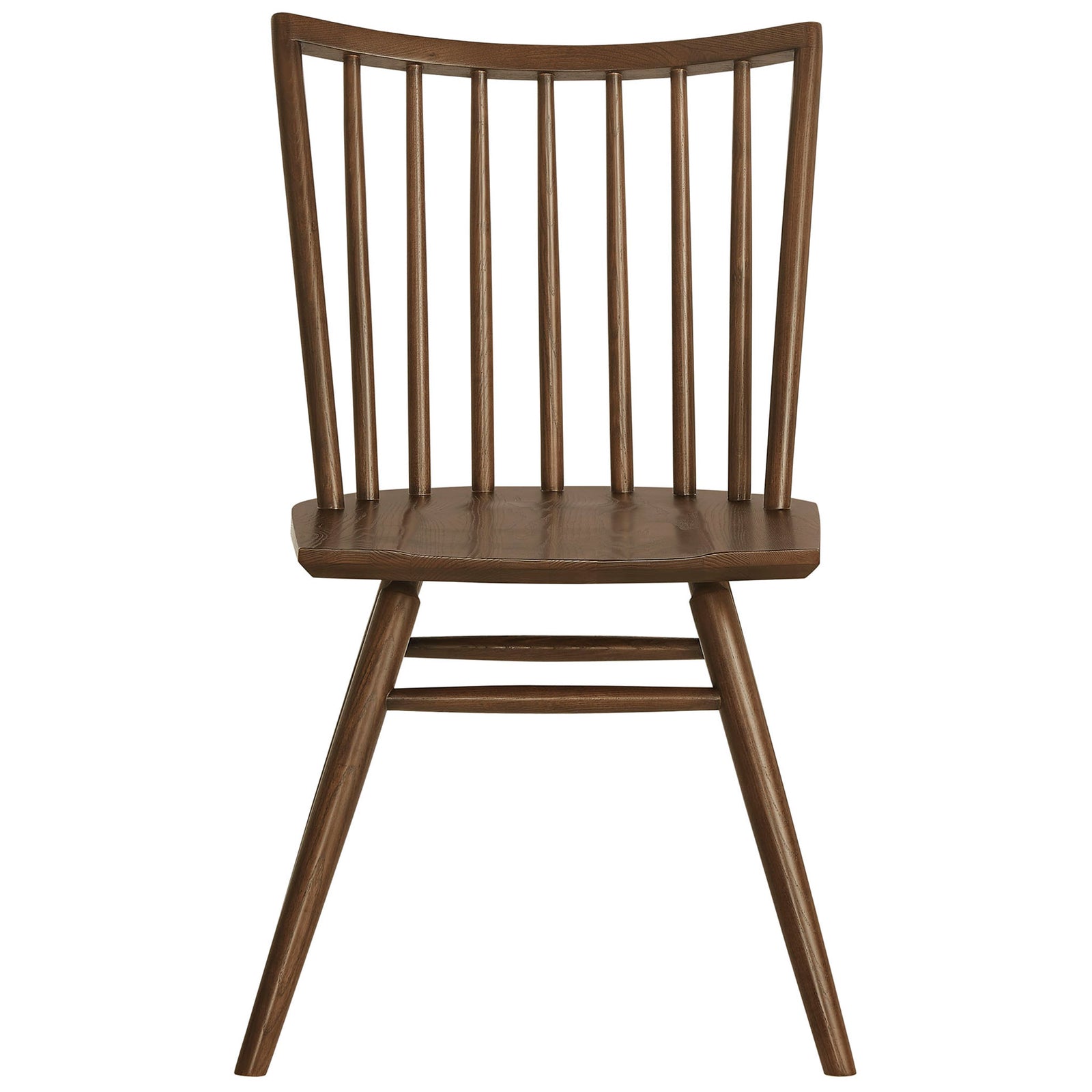 Front view of walnut spindle back dining chair with slim vertical spindles and sculpted seat || EEI-7482-WAL || front_partial_studio