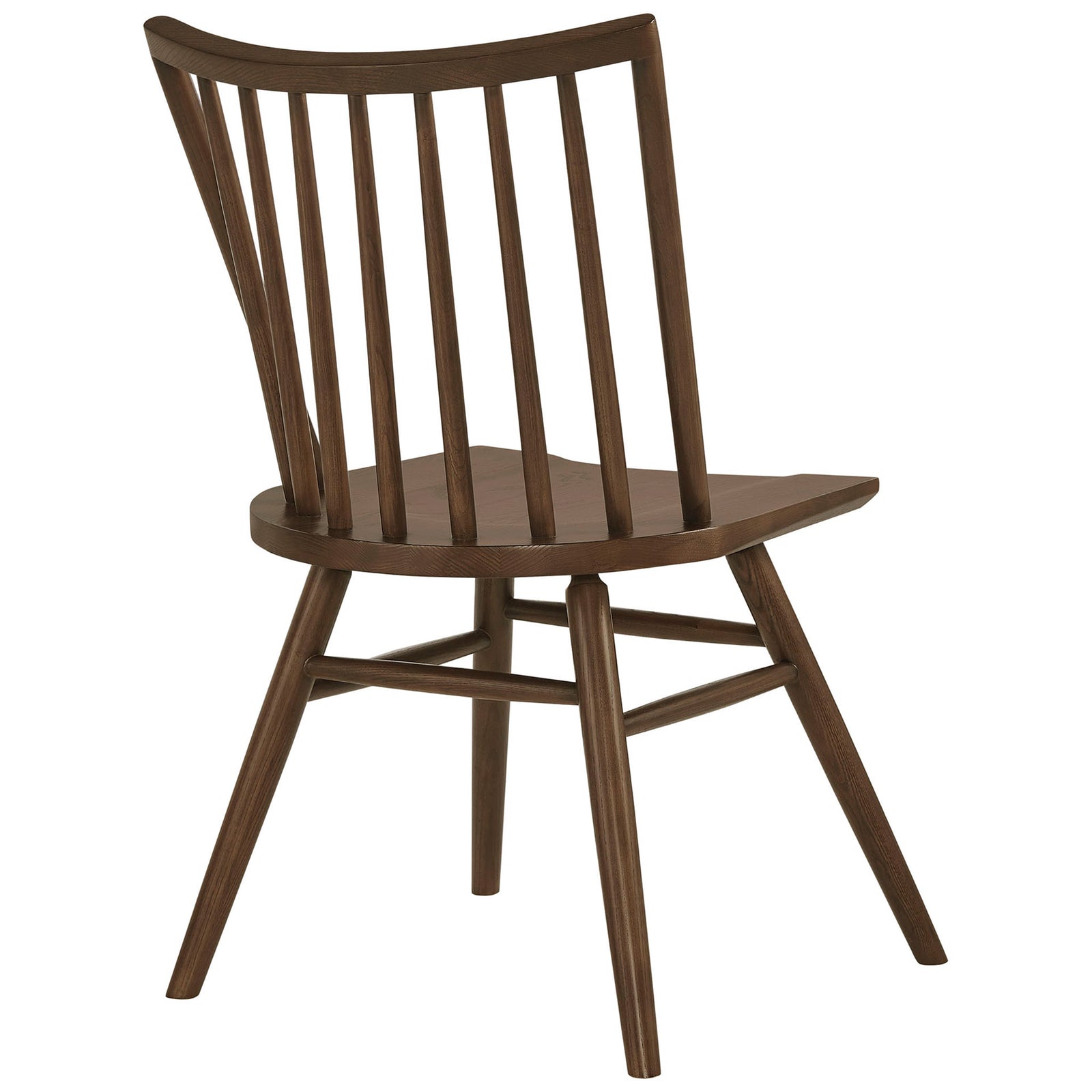Angled back view of walnut spindle back dining chair showing curved top rail and rear spindles || EEI-7482-WAL || back_angle_partial_studio