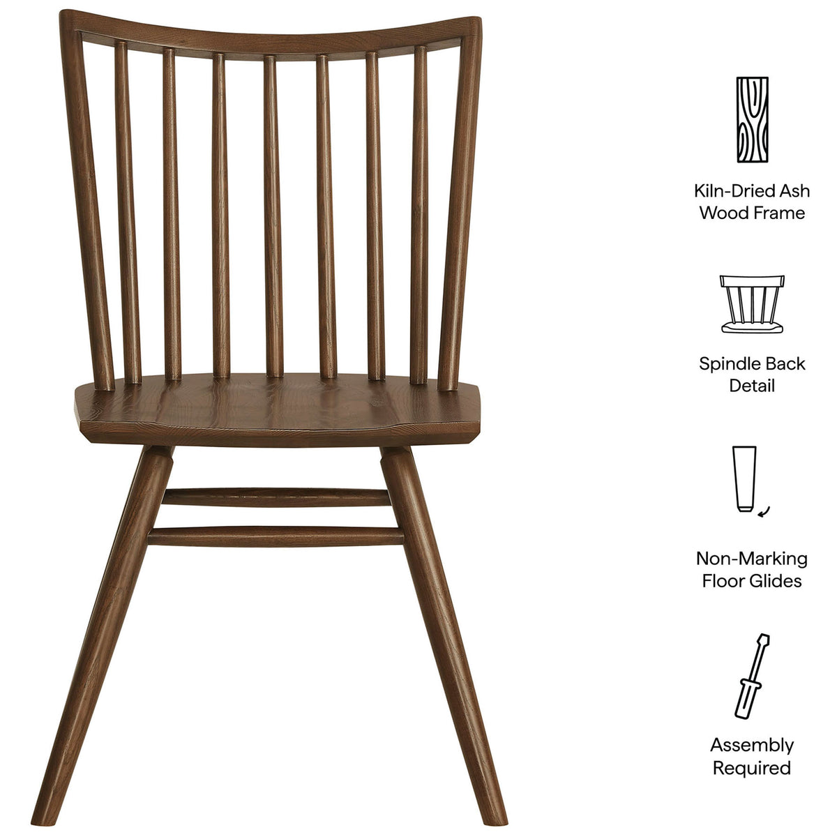 Feature callout highlighting kiln-dried ash wood frame, spindle back design, and protective floor glides || EEI-7482-WAL || callout_studio