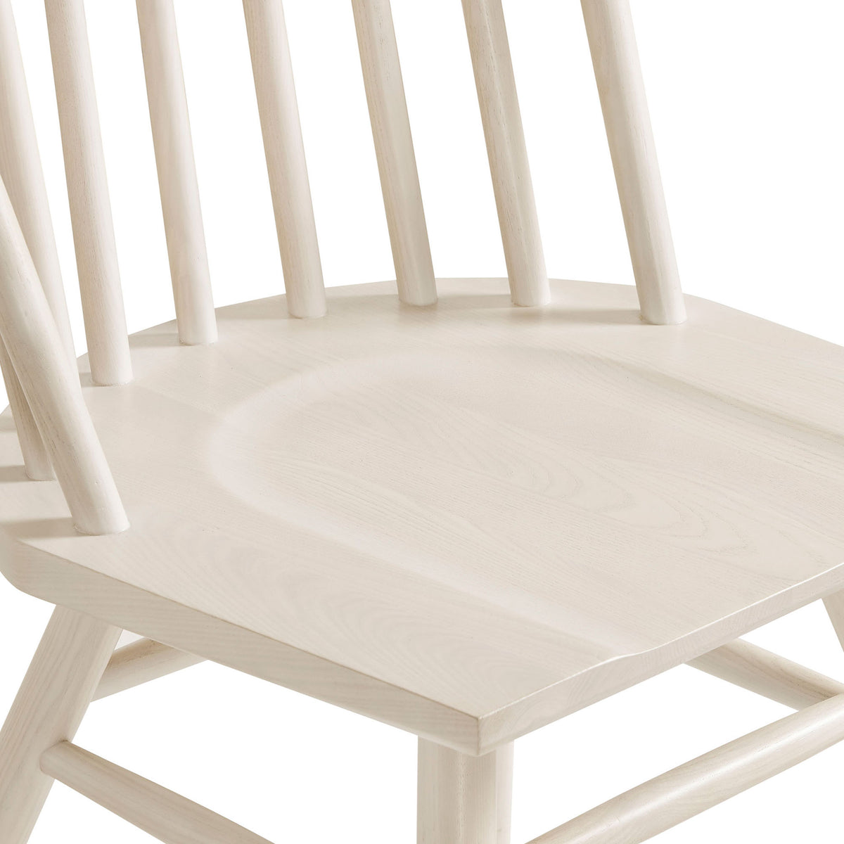 Contoured white wash wood seat with rounded spindles and smooth grain || EEI-7482-WWA || detail_studio