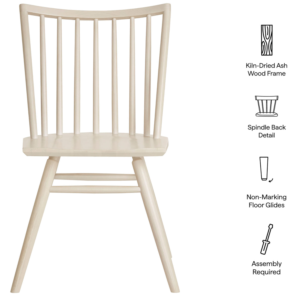 White wash ash dining chair with spindle back, kiln-dried frame and floor glides || EEI-7482-WWA || callout_studio