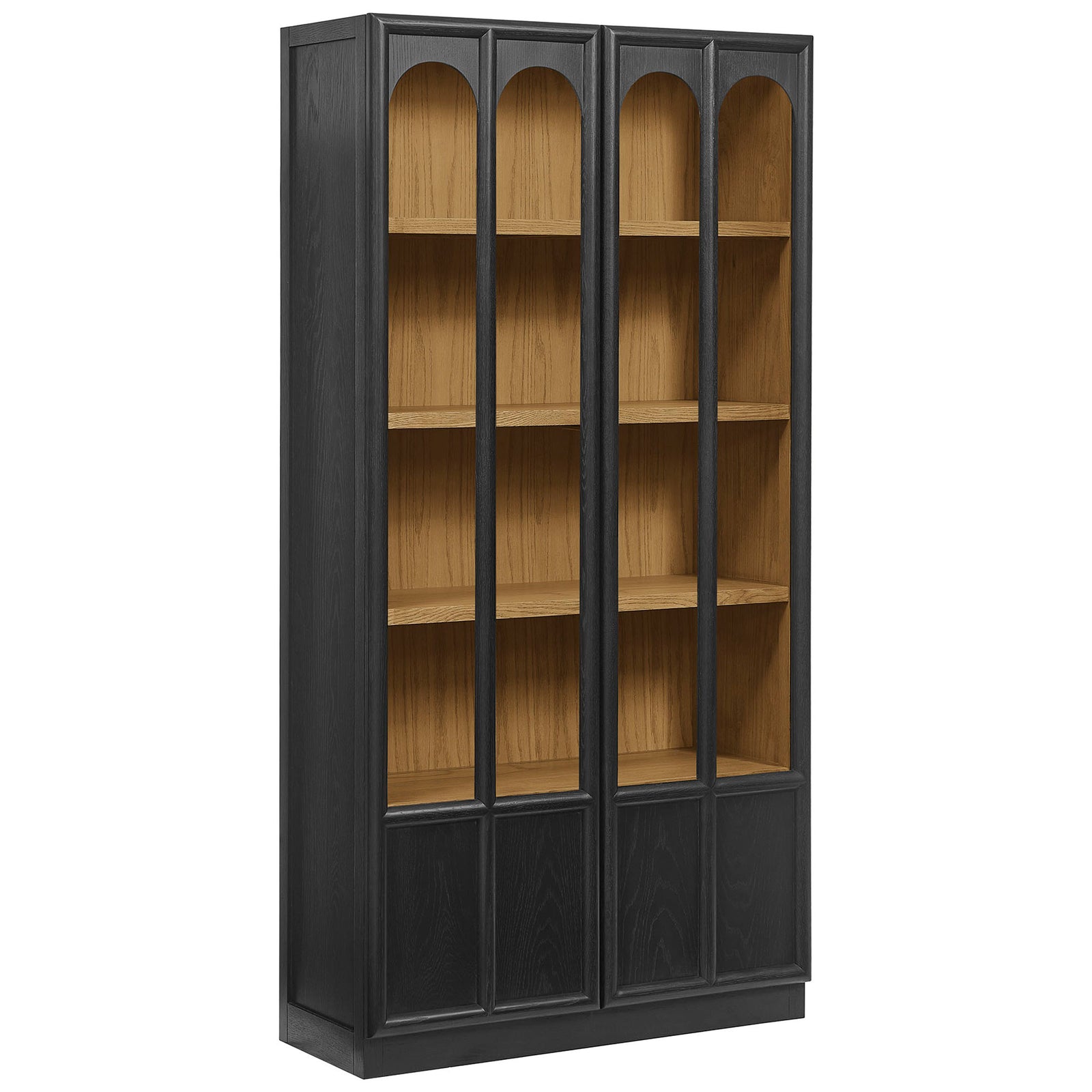 Black oak curio cabinet highlighting the slim frame, arched glass panels, and solid wood base storage || EEI-7484-BLK-OAK || front_angle_studio