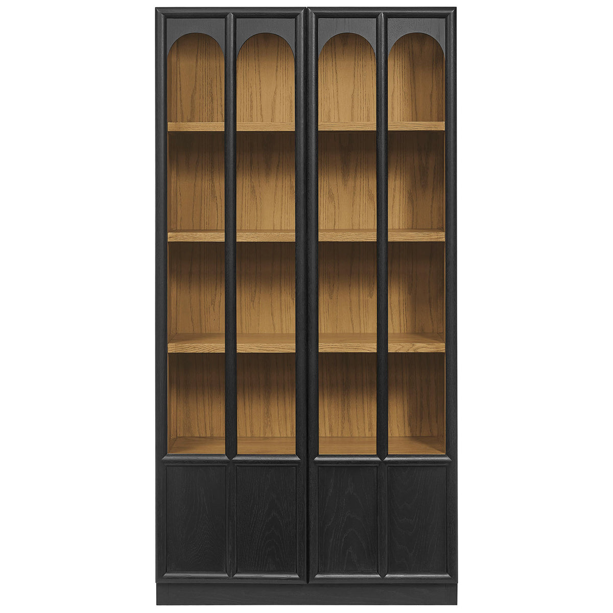 Tall black oak display cabinet with arched glass doors and contrasting warm wood interior shelving || EEI-7484-BLK-OAK || front_studio