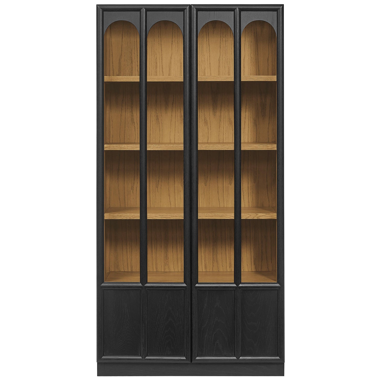 Tall black oak display cabinet with arched glass doors and contrasting warm wood interior shelving || EEI-7484-BLK-OAK || front_studio