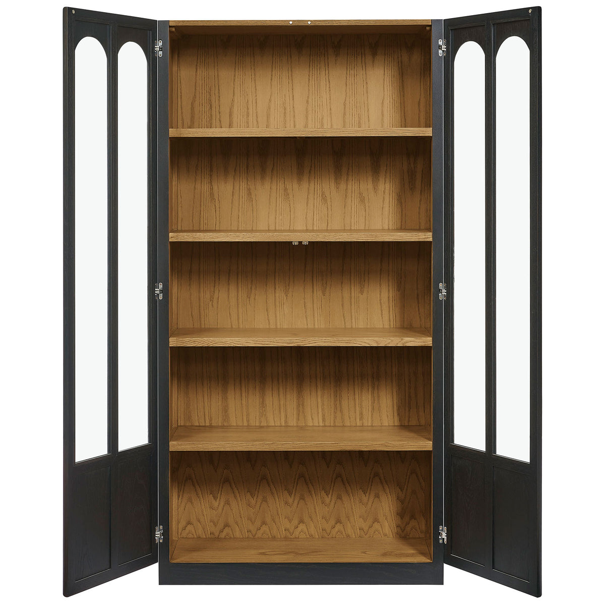 Spacious black oak display cabinet with four fixed shelves ready to showcase books, china, and decor || EEI-7484-BLK-OAK || front_open_studio